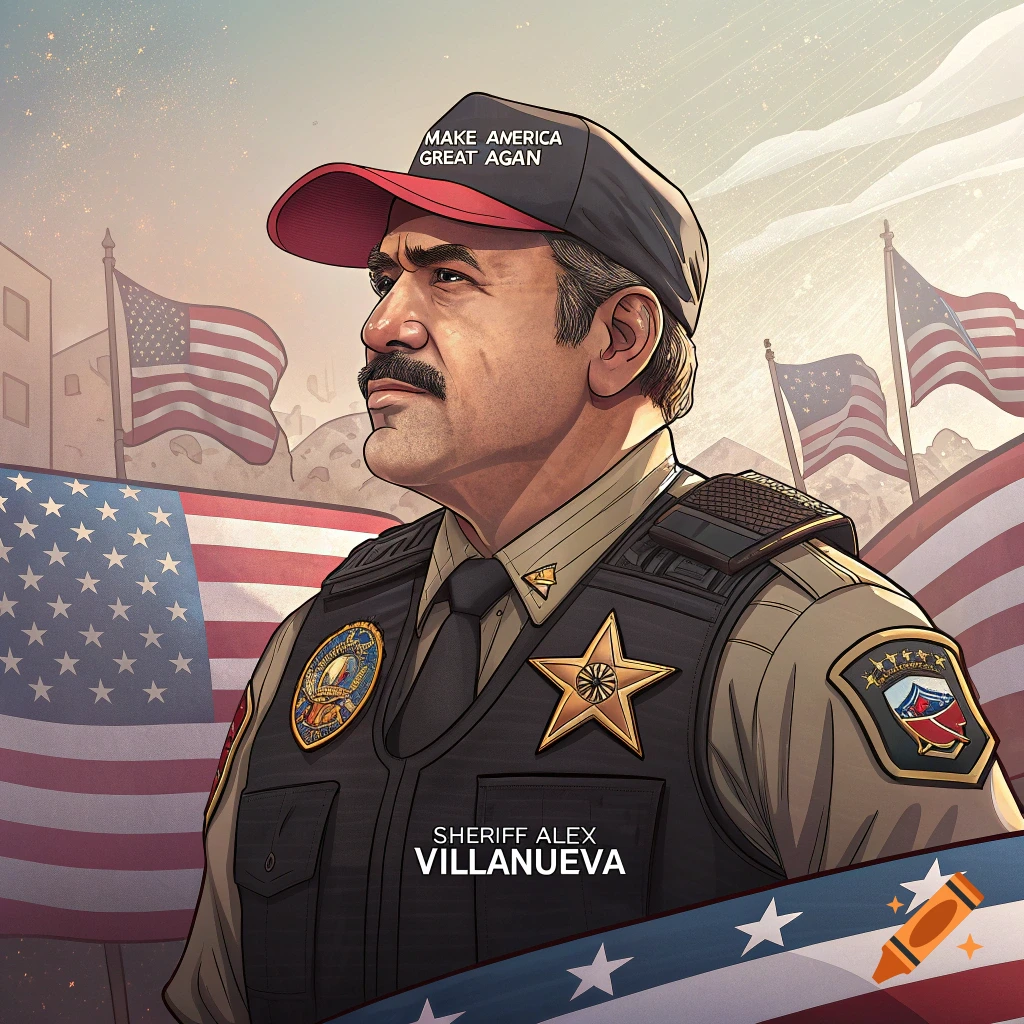 Illustration of a sheriff wearing a hat that says 'MAKE AMERICA GREAT AGAN' with American flags.