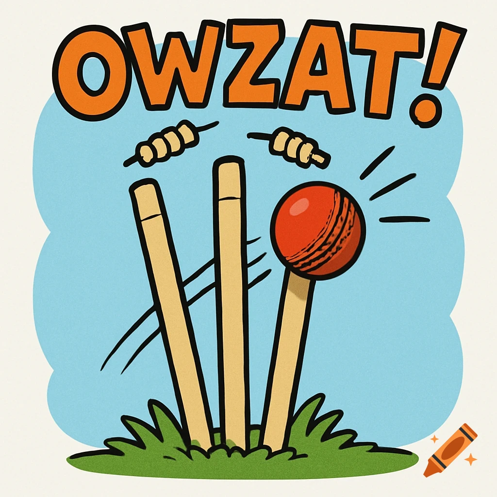 Cartoon of cricket stumps being hit by a ball, with the text OWZAT!