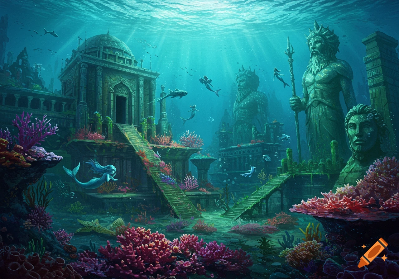 Underwater scene with ancient ruins, large statues, mermaids, and colorful coral.
