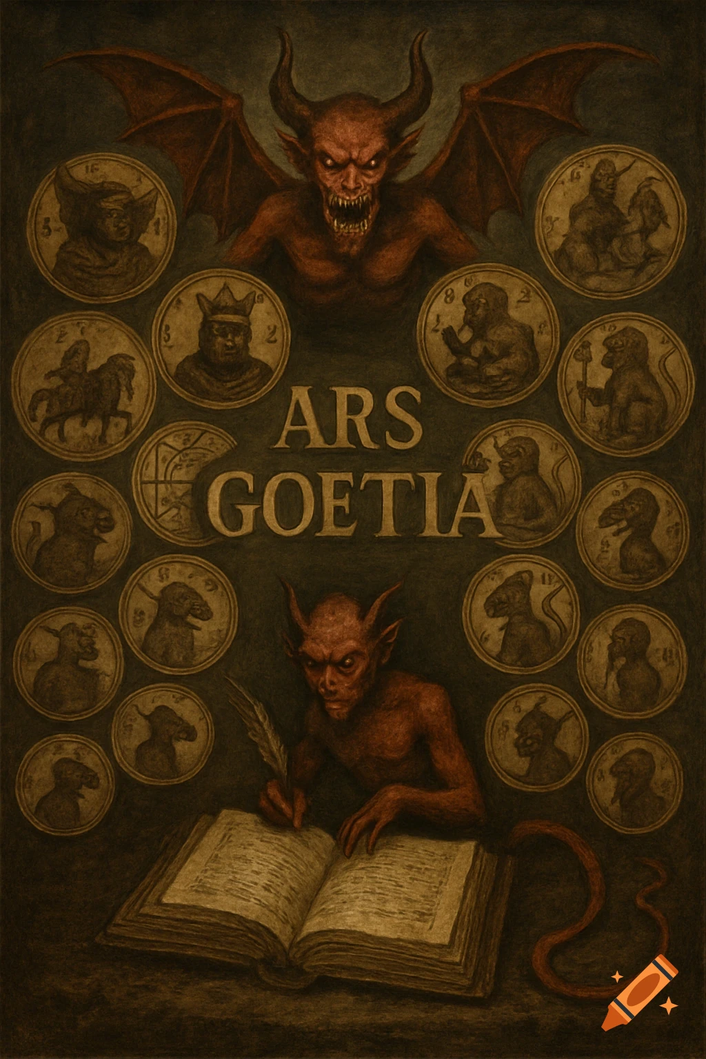 Illustration of demons and monstrous figures around the text ARS GOETIA, with a devil writing in a book.
