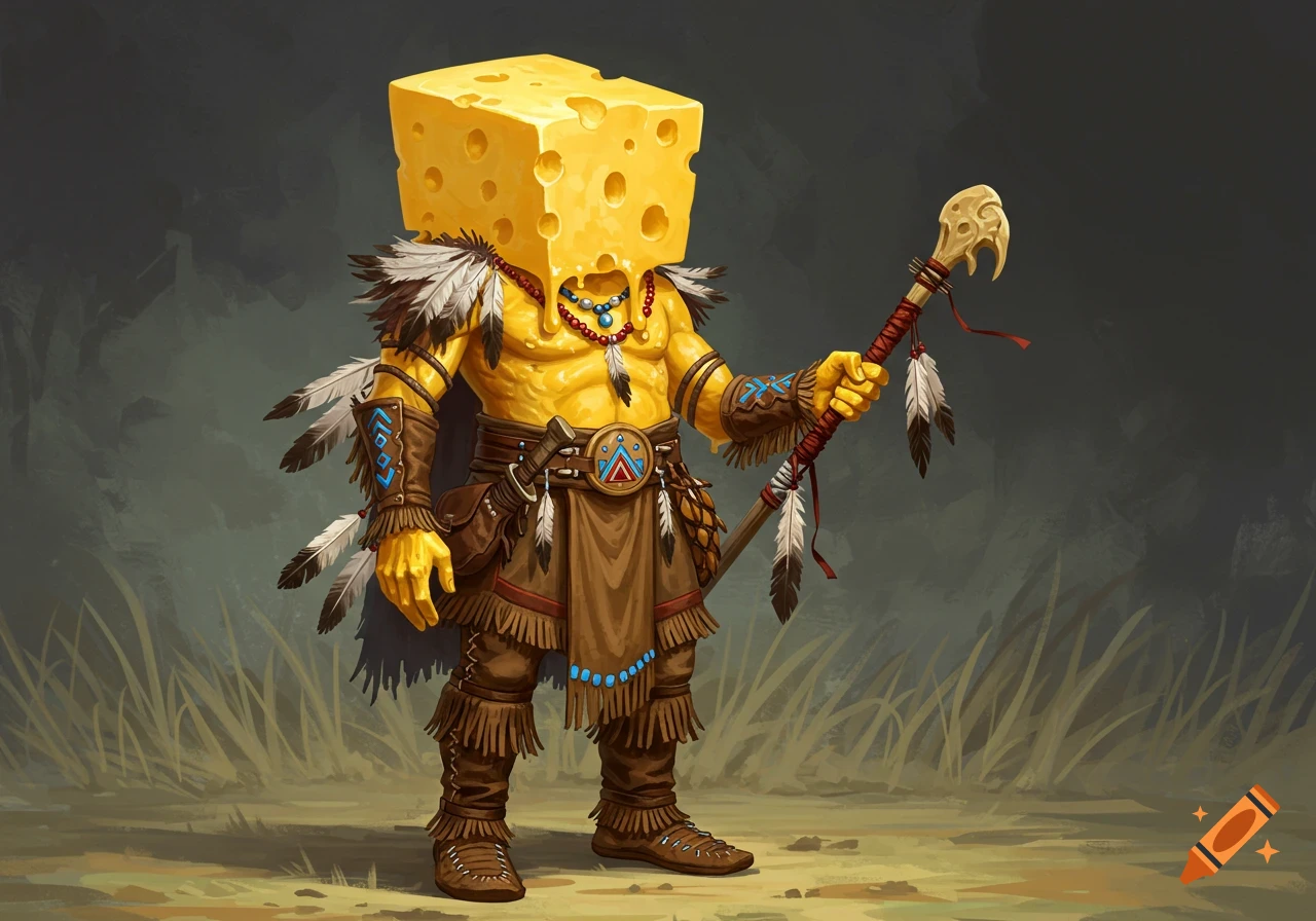 Stylized illustration of a humanoid with a cheese head wearing tribal clothing and holding a staff.