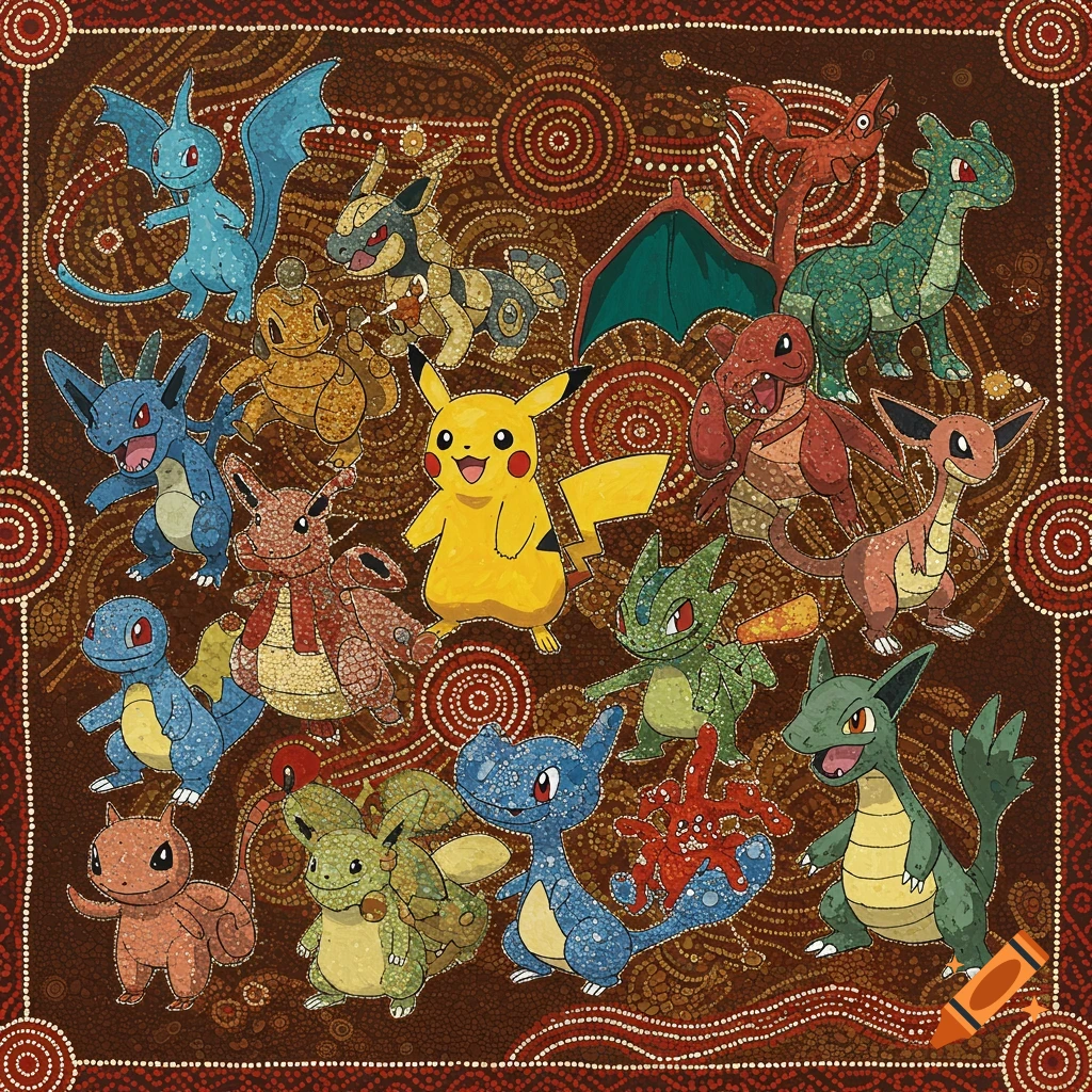 Pokemon characters in an aboriginal dot painting style.