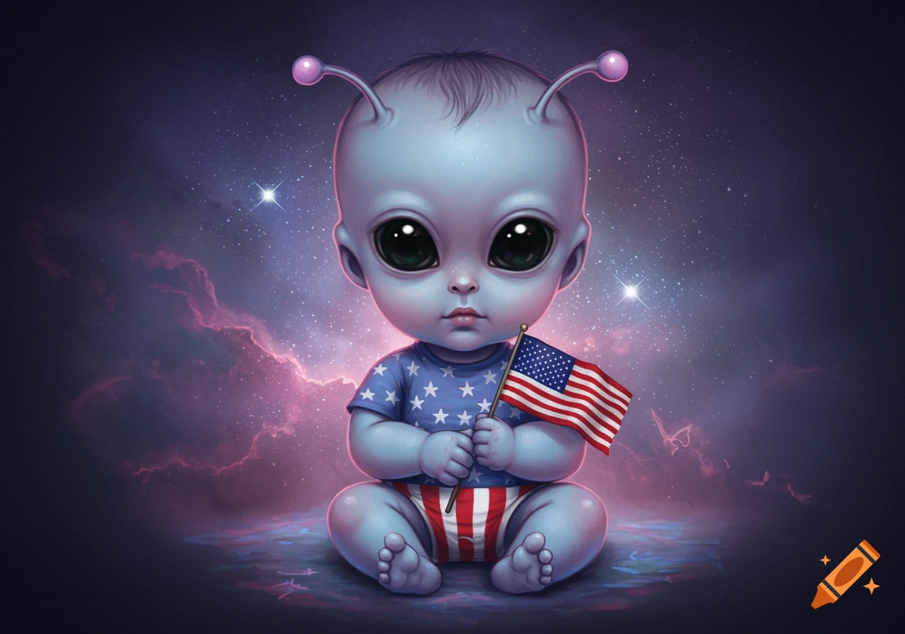 A cute baby alien sits in space, holding a small American flag.