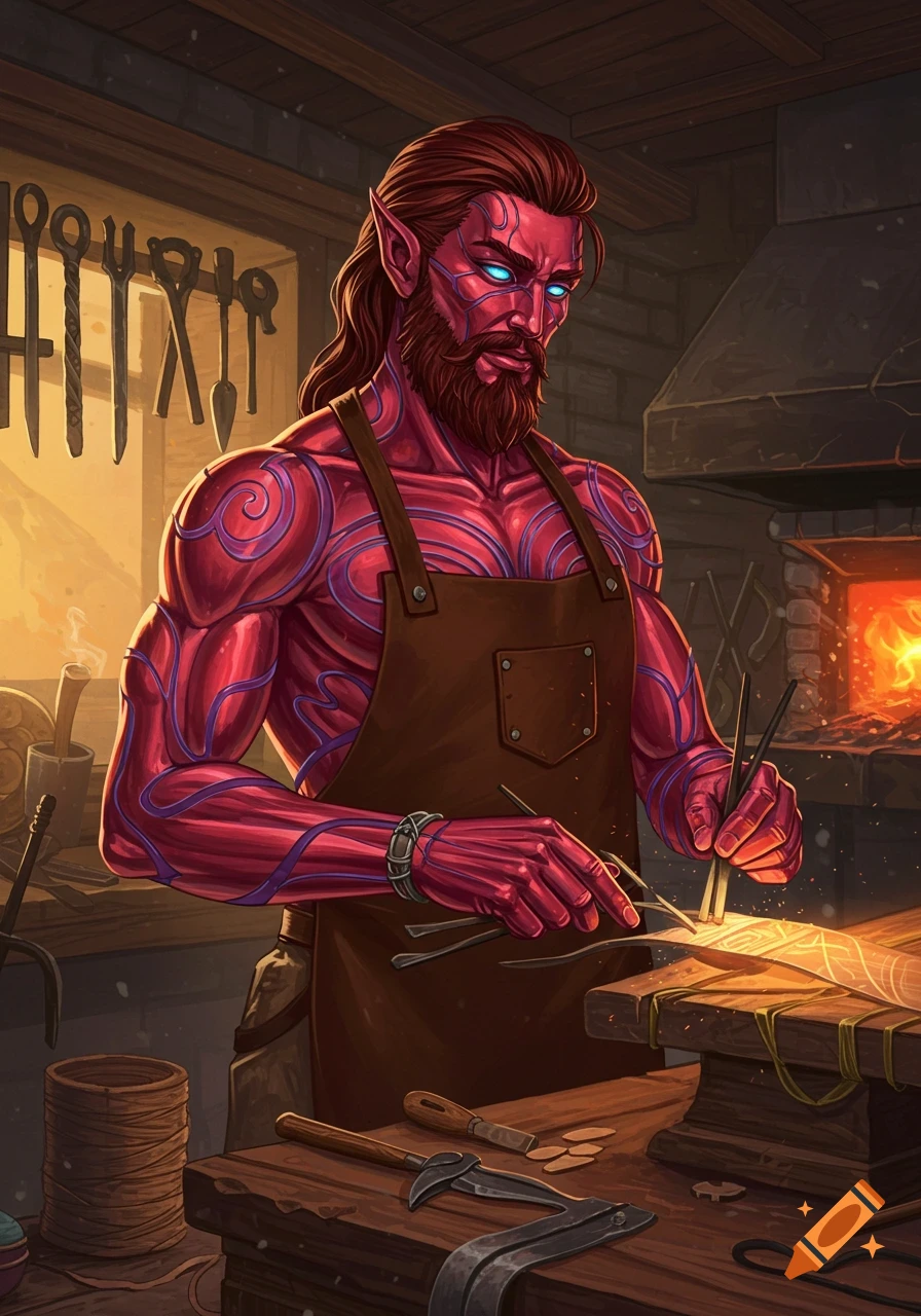 Red-skinned fantasy character with beard and elf ears working metal in a workshop. Illustration style.