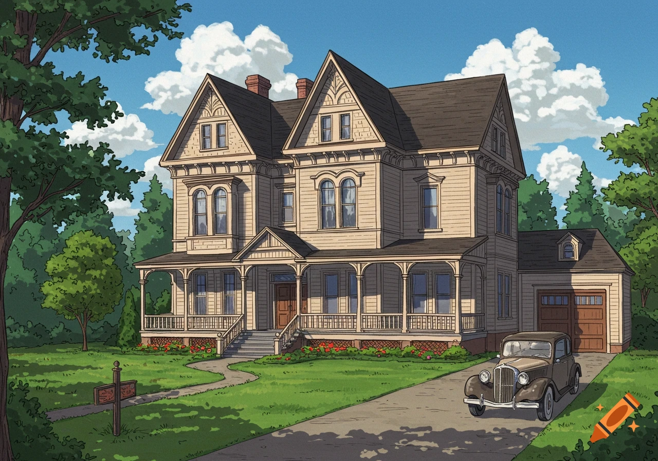 Large old house with a wrap-around porch, green lawn, trees, and a vintage car in the driveway, in an illustrative style.