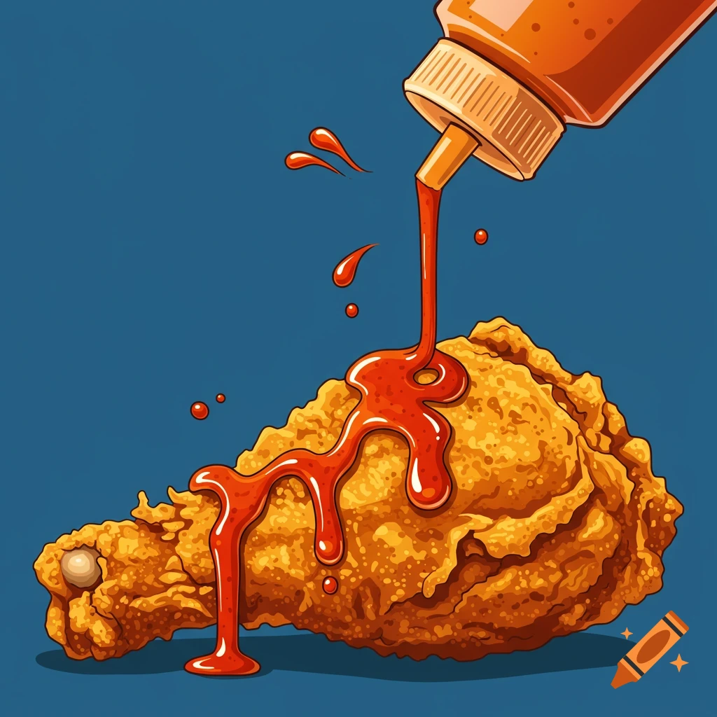 Illustration of fried chicken with sauce pouring from a bottle.