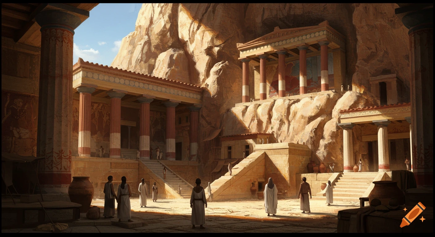 Ancient architectural complex carved into a cliffside, with figures in a courtyard, digital painting.