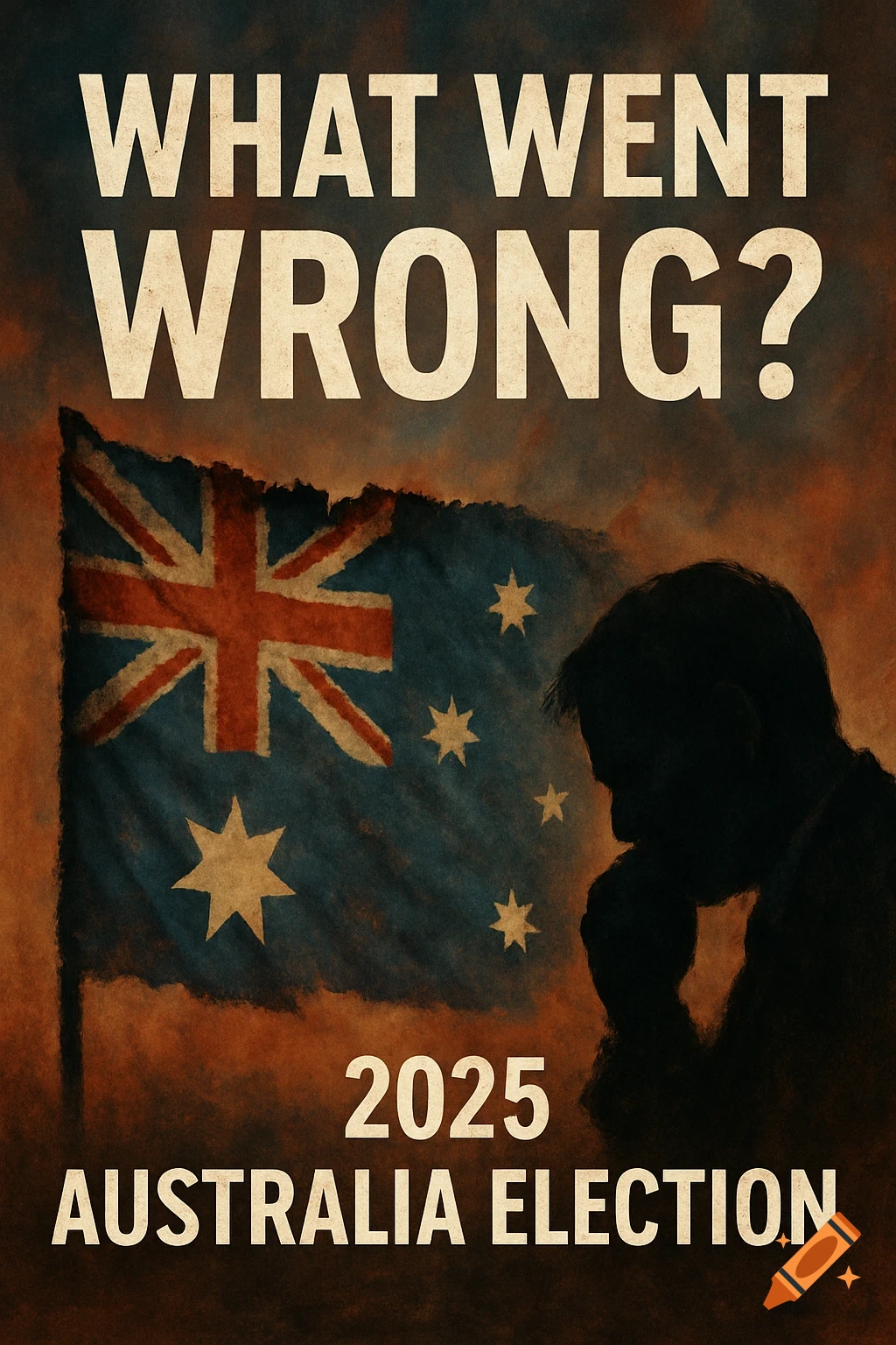 A poster with the Australian flag, a pensive silhouette of a person, and the text "What Went Wrong? 2025 Australia Election".