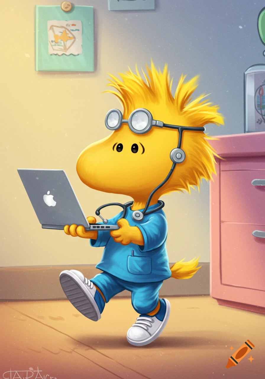 Cartoon of Woodstock from Peanuts wearing medical scrubs and glasses, holding a laptop.