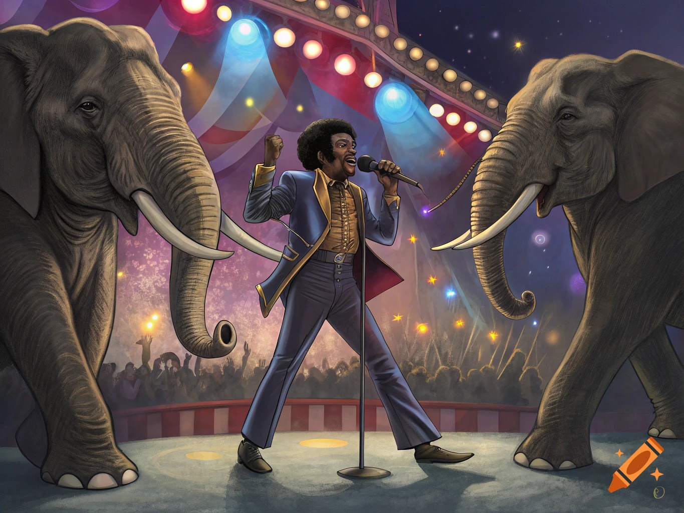 Singer performing on stage with two elephants, illustration style