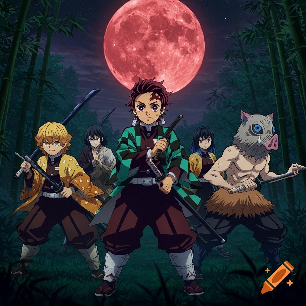 Demon Slayer characters stand ready in a forest under a red moon.