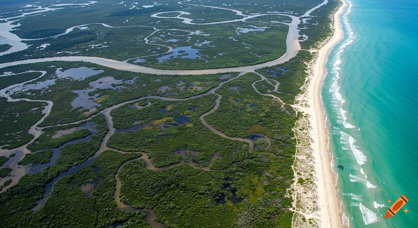 Aerial view of a swampy region with winding rivers next to an ocean coast with breaking waves.