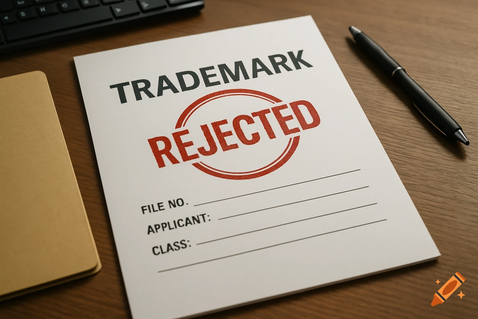 A trademark document with a red 'REJECTED' stamp sits on a desk.