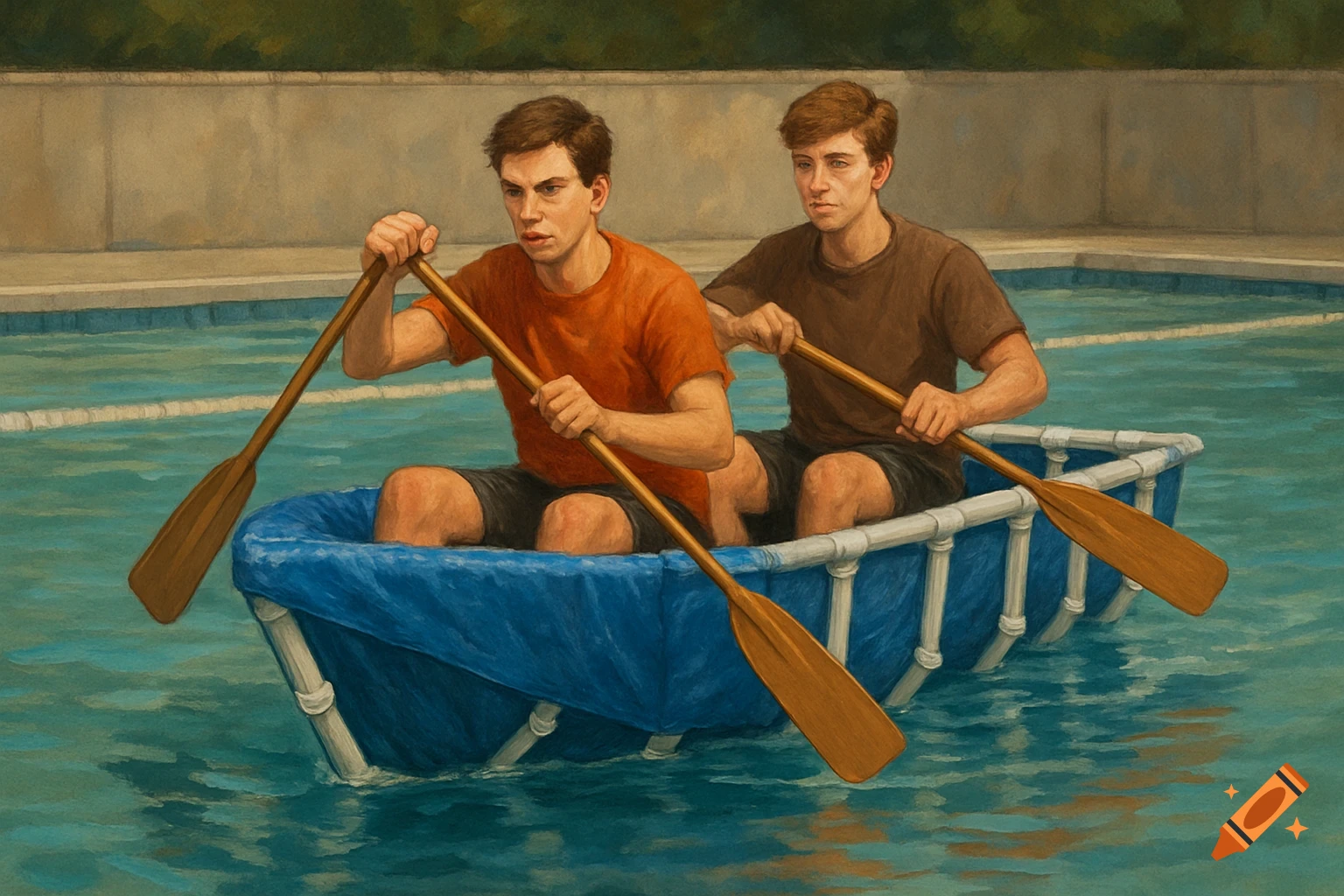 Two men row a blue homemade boat in a swimming pool, painted style.
