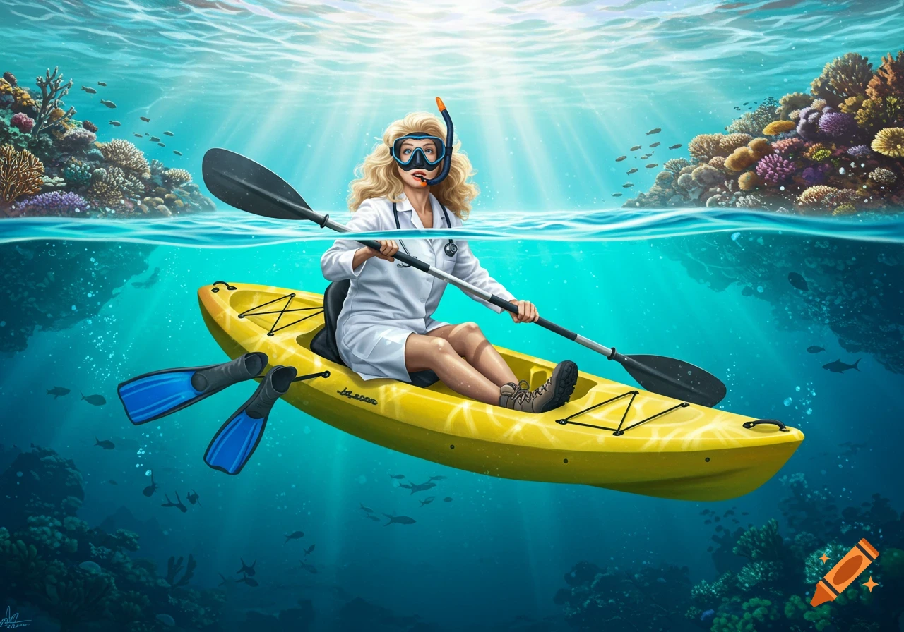 A woman in a doctor's coat, snorkel mask, and hiking boots kayaks above a vibrant coral reef in clear water.
