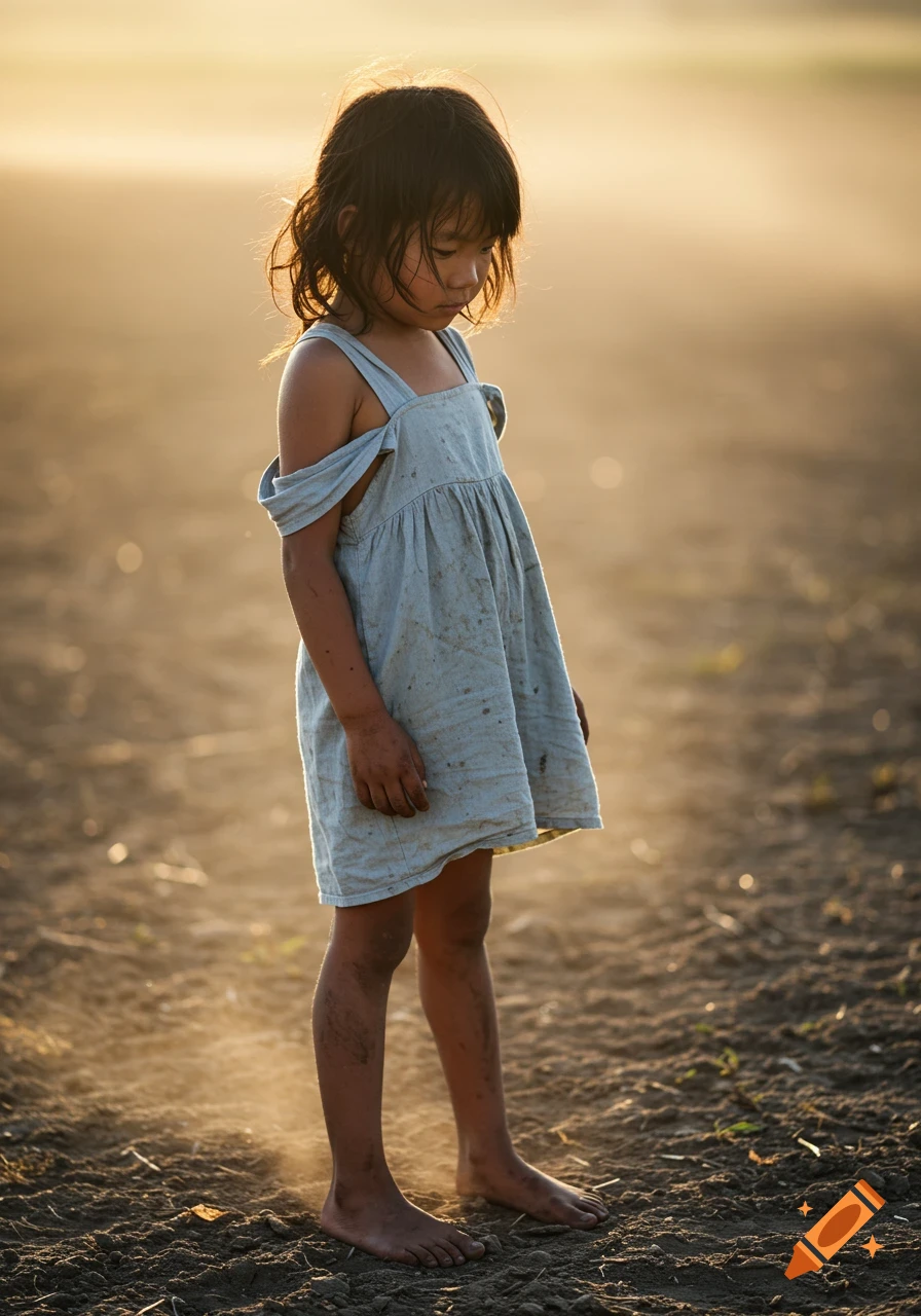 Photorealistic portrait of a barefoot girl in a dirty dress standing in golden light.