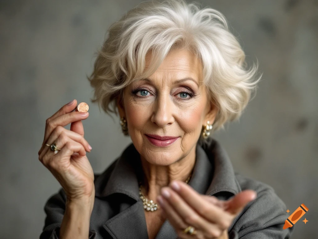 Close-up portrait of an older woman holding a coin.