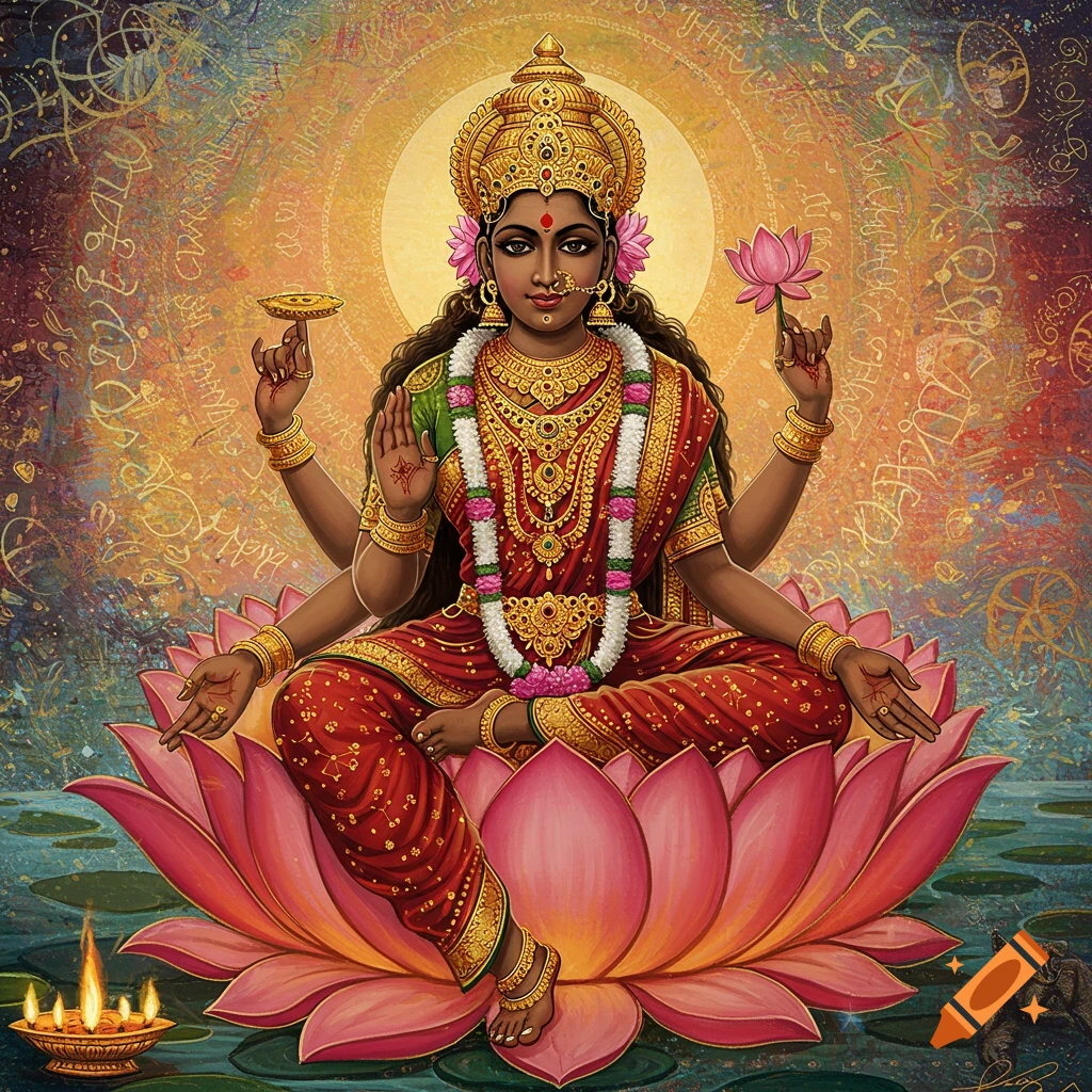 Hindu goddess Lakshmi sitting on a pink lotus on water