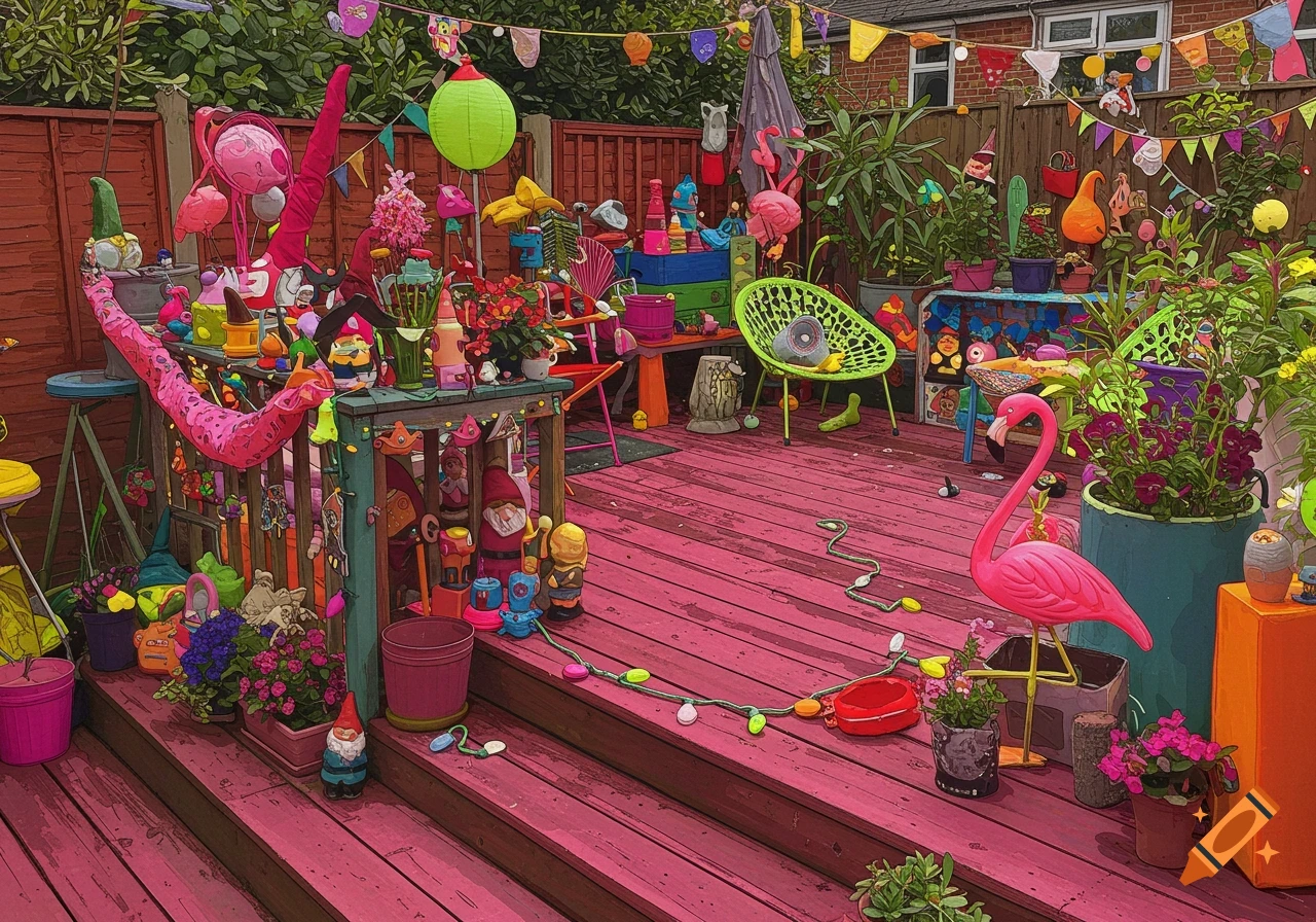 A garden decking area is cluttered with brightly colored, tacky decorations, including pink flamingos, garden gnomes, and festive flags.