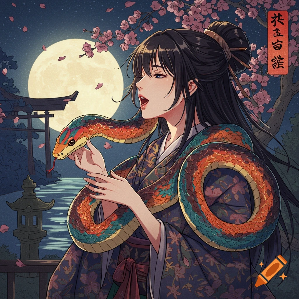 Anime illustration of a woman in a kimono holding a snake under a full moon with cherry blossoms and a torii gate.