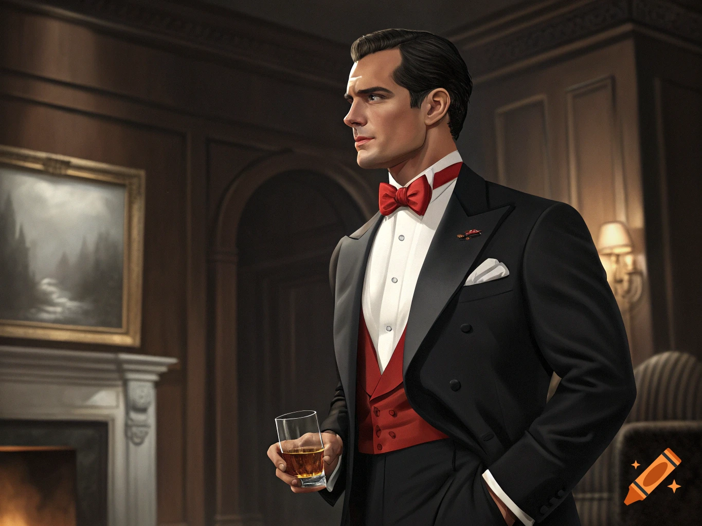 Man in tuxedo holding a glass in a wood-paneled room