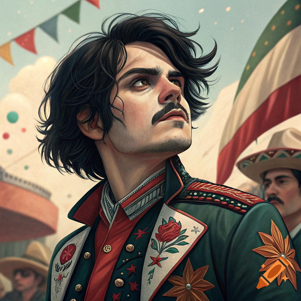 Stylized portrait of a man with a mustache in a decorated uniform, looking up with a flag and banners in the background.