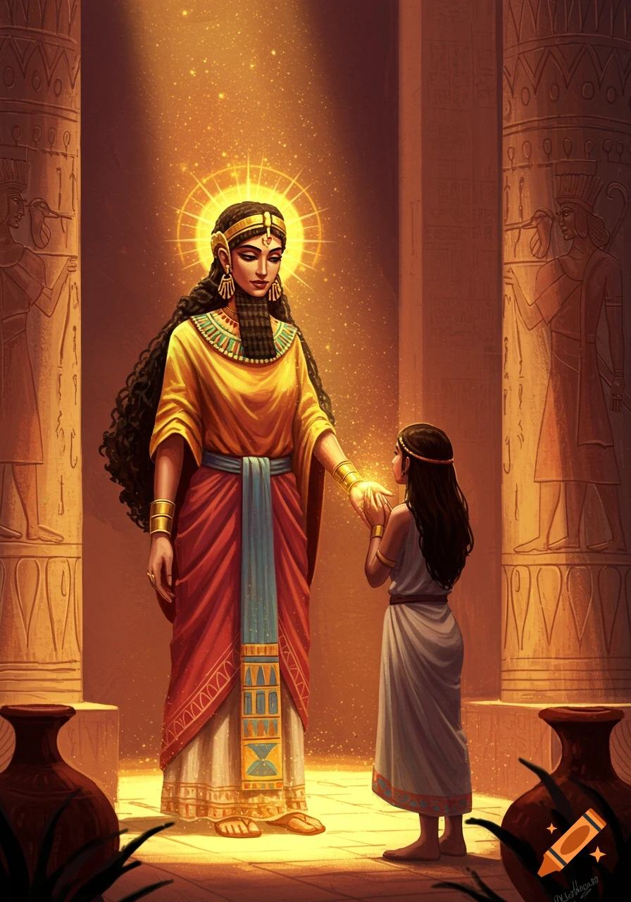 A tall figure with a halo and elaborate robes touches hands with a smaller figure in a temple. Ancient style illustration.