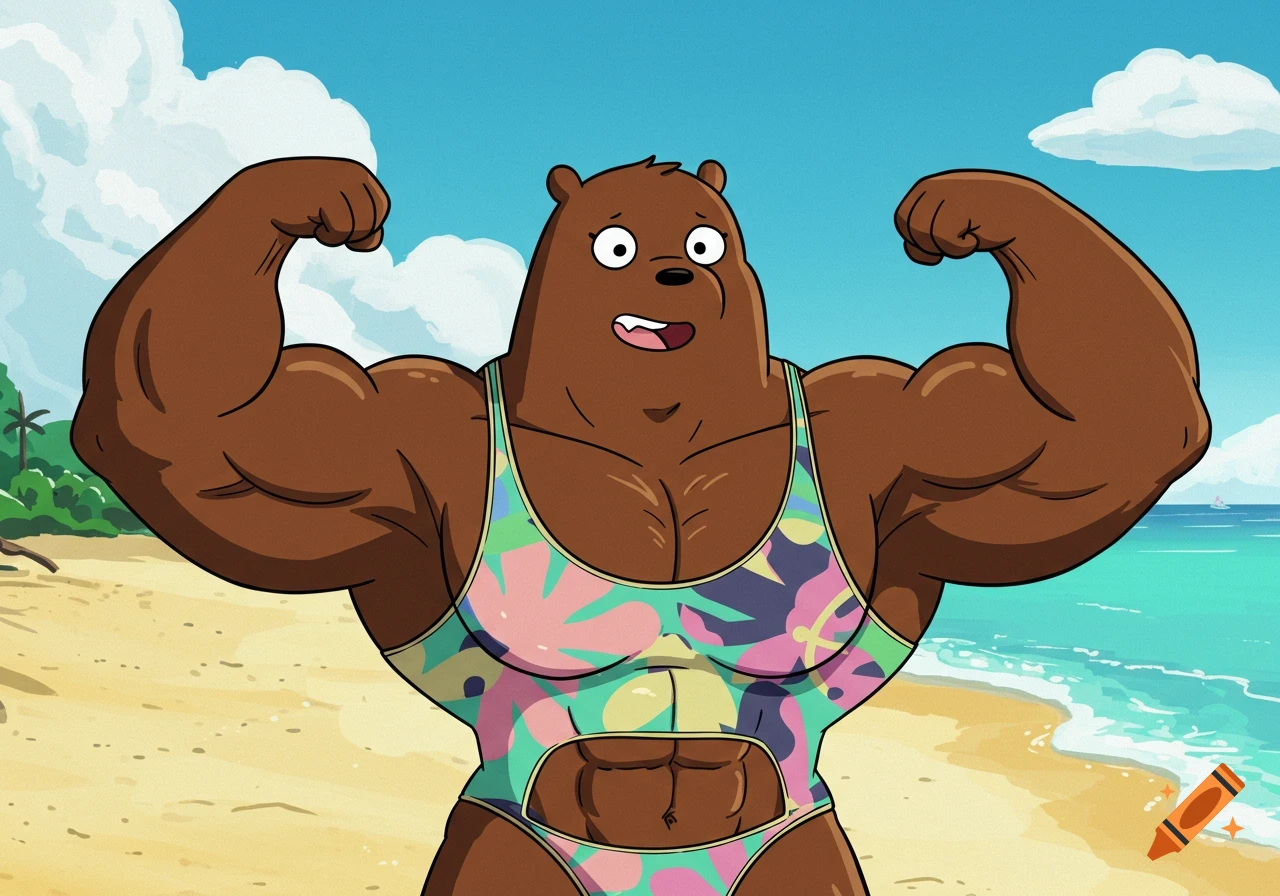 Cartoon bear in a swimsuit flexing muscles on a beach.