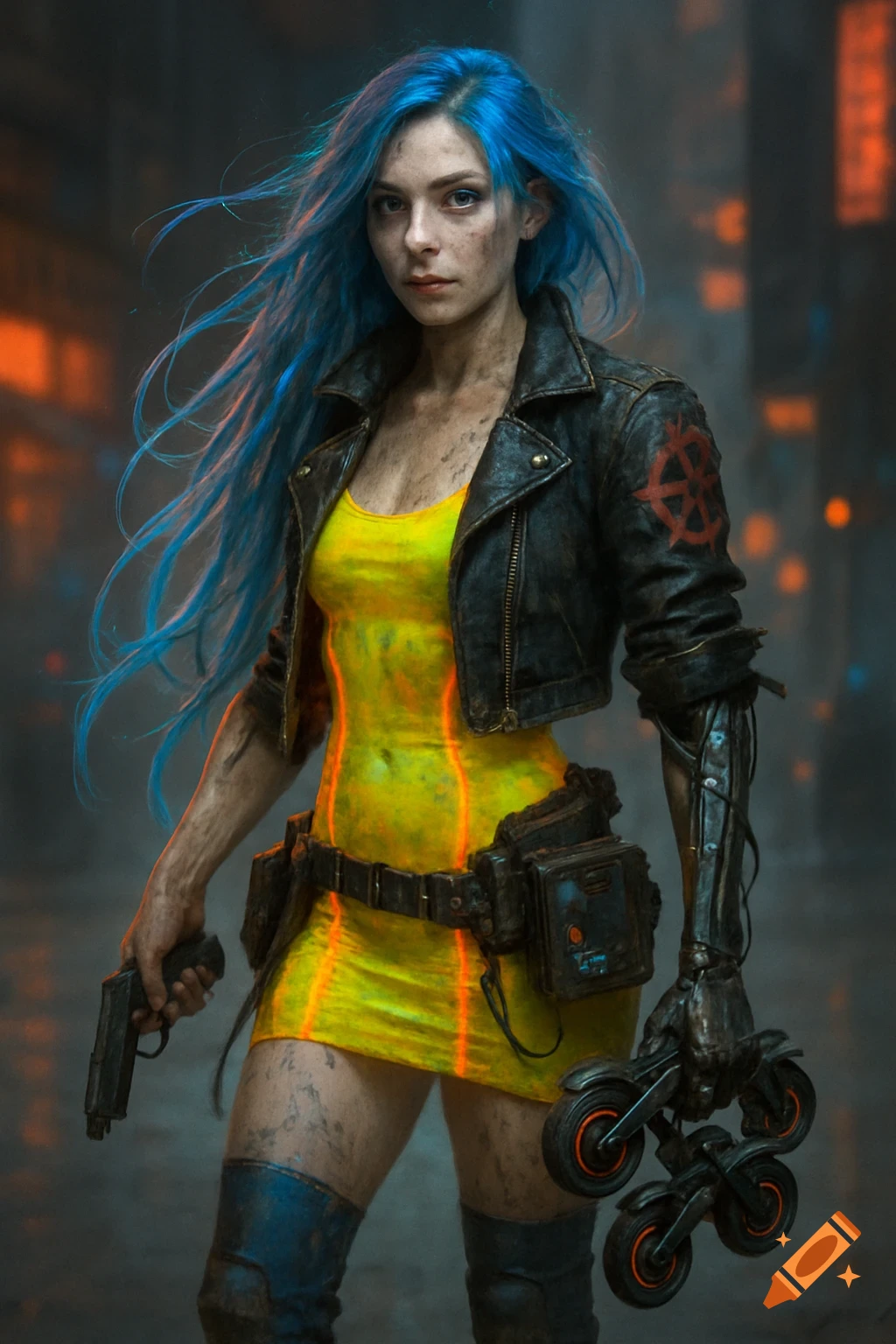 Cyberpunk woman with blue hair, yellow dress, jacket, holding gun and drones in a city