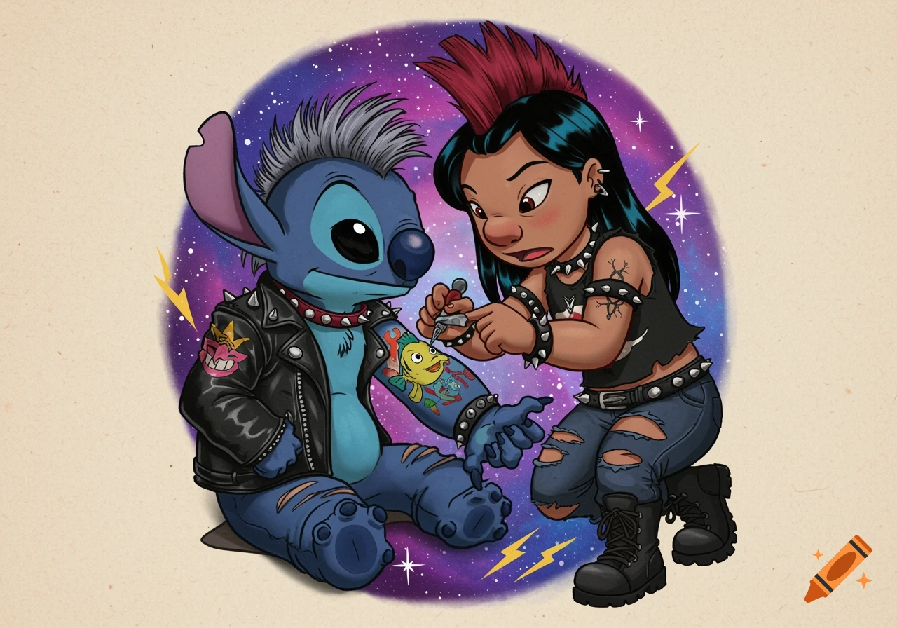 Cartoon illustration of Lilo giving Stitch a tattoo of Pudge the fish on his arm. Both wear punk biker outfits.