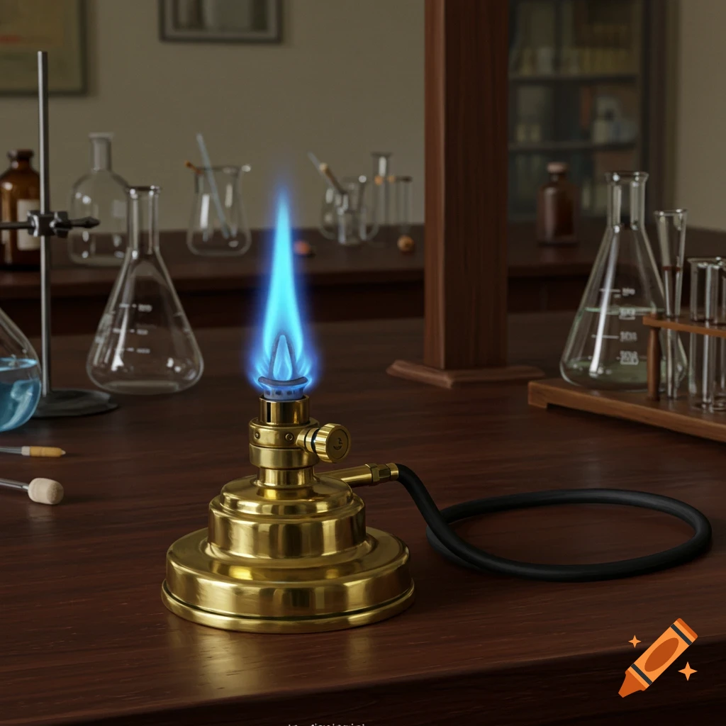 A lit Bunsen burner on a wooden lab table with blurred laboratory glassware in the background.