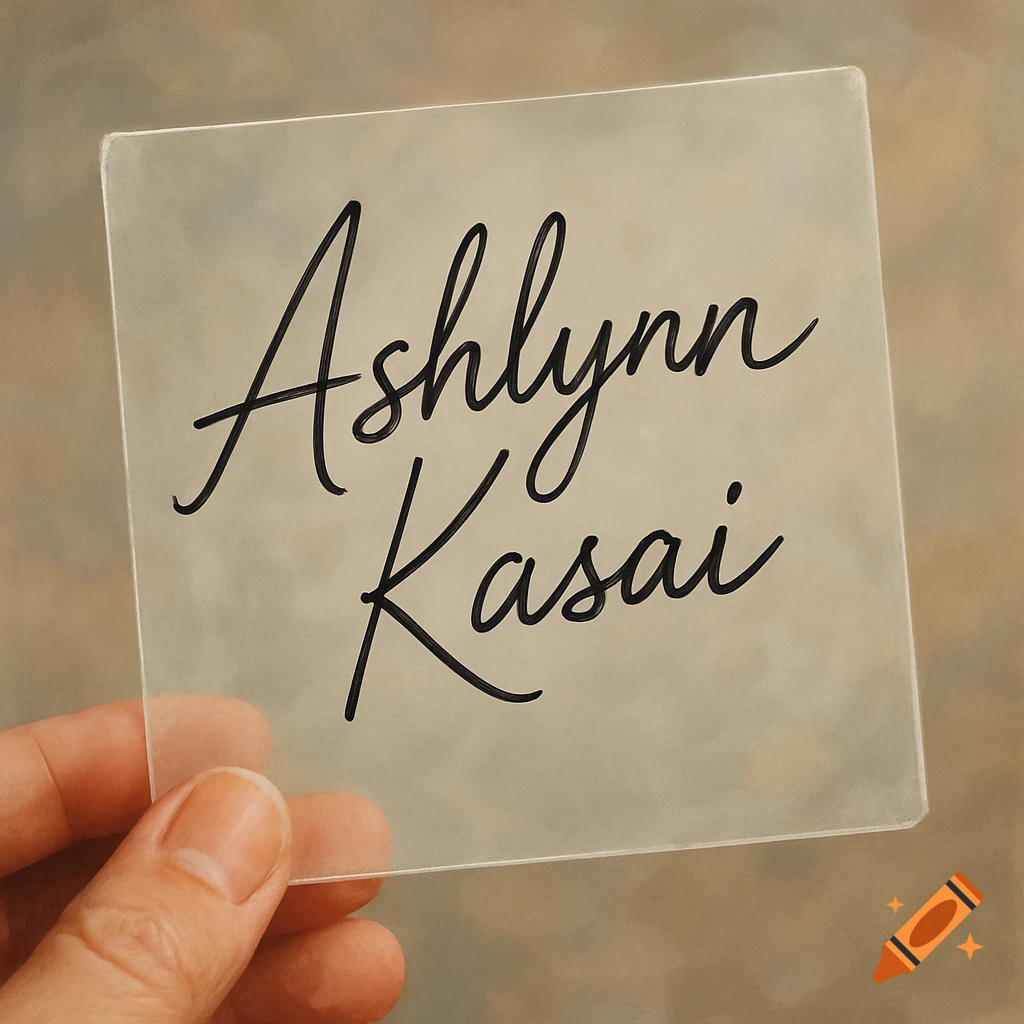 A hand holds up a transparent card with the name "Ashlynn Kasai" written in cursive script.