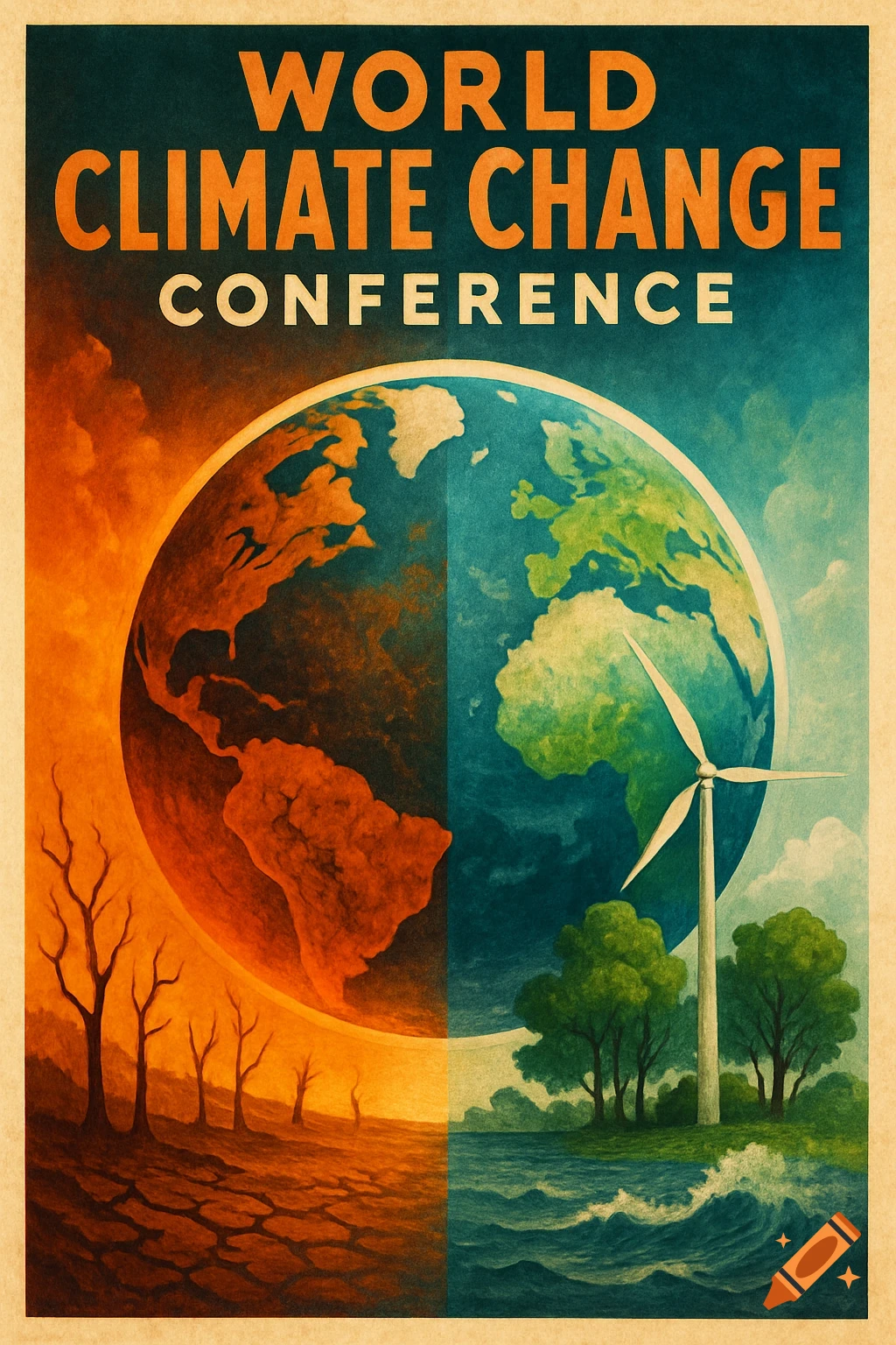 Vintage style poster for a world climate change conference, showing Earth split between a fiery, dry side and a green, healthy side with a wind turbine.