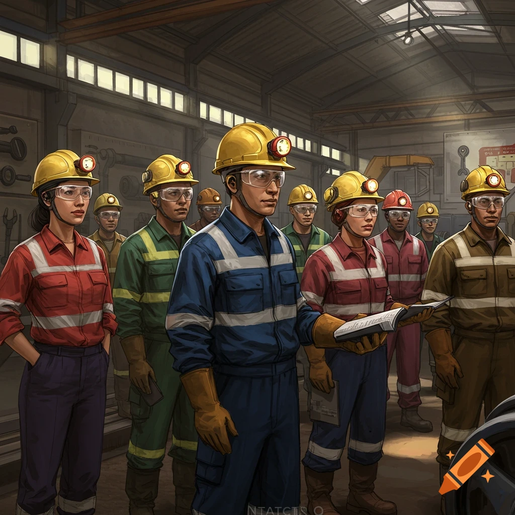 Diverse miners wearing hard hats and safety glasses stand in an industrial training room.