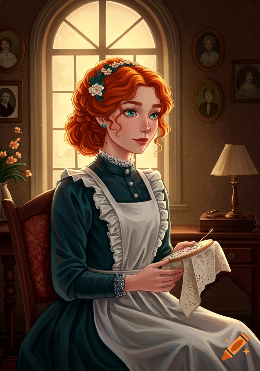 A red-haired woman in Victorian dress sews by a window, with portraits on the wall. Digital art.