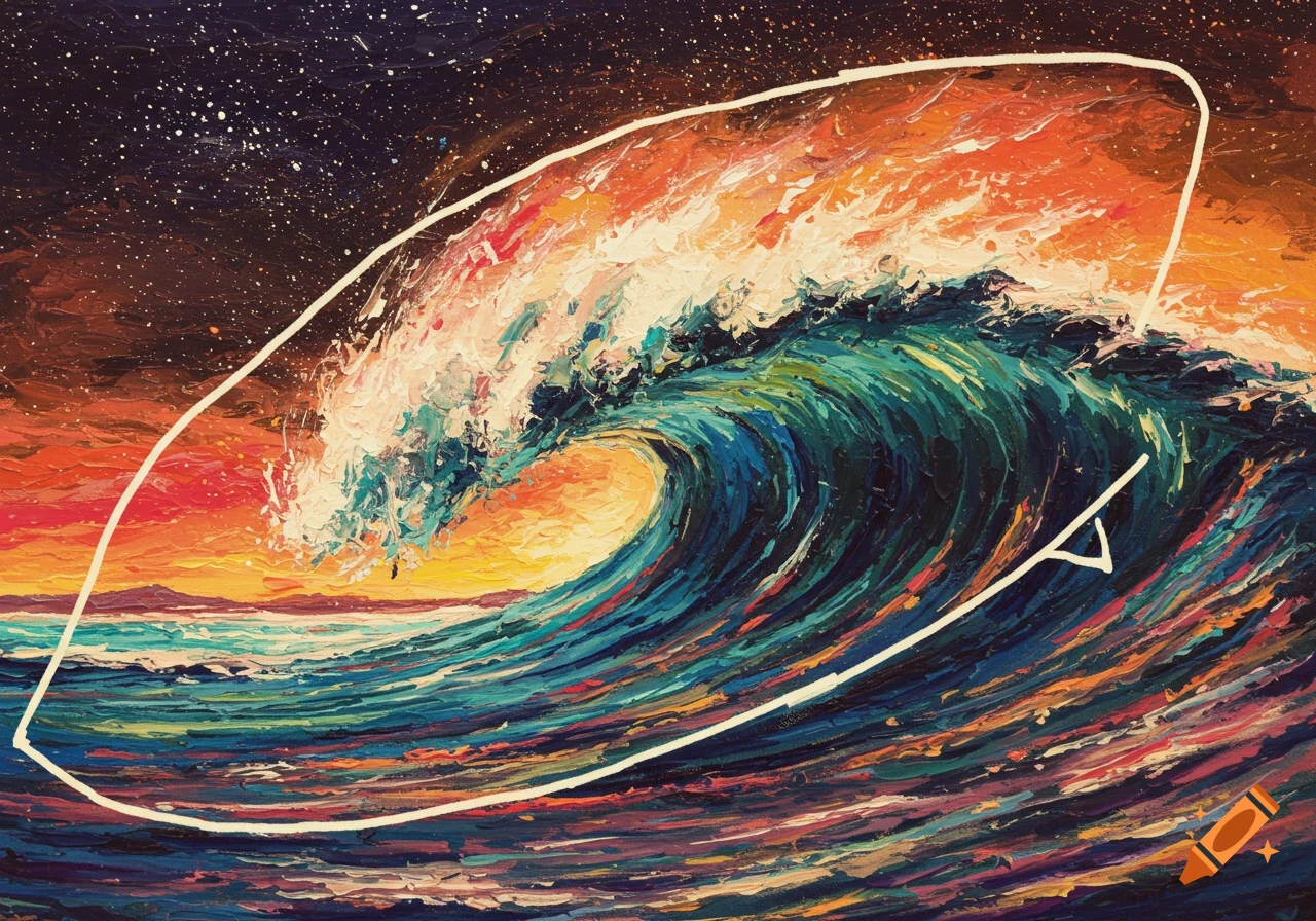 Abstract painting of a wave at sunset with a white surfboard outline.