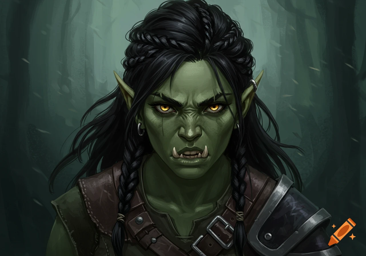 Portrait of a female orc with braided black hair and yellow eyes in a forest.