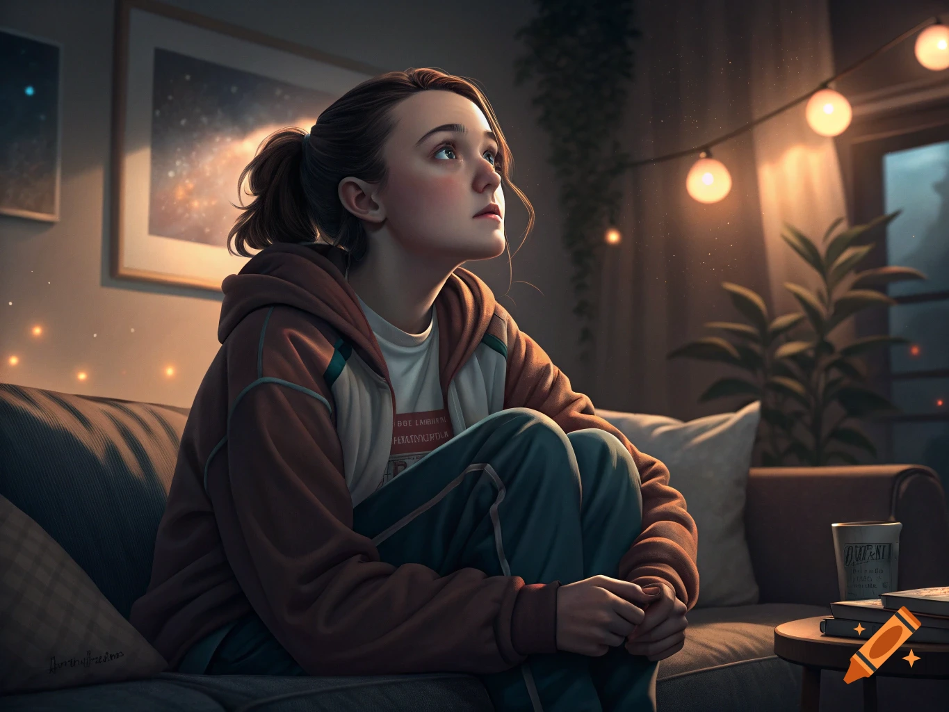 Young woman sits on a couch in a dimly lit room with string lights