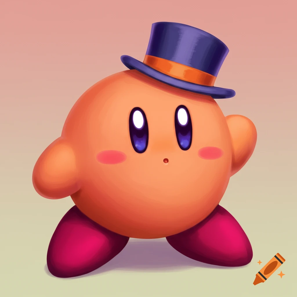 A cartoon character resembling Kirby wears a purple top hat with an orange band, purple feet, and purple eyes.