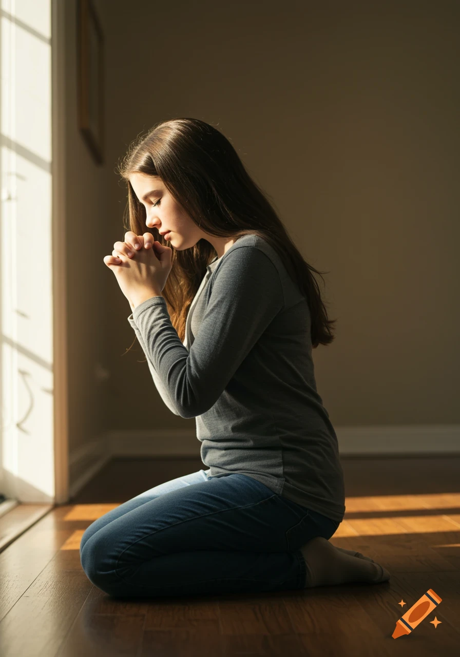 Teen girl kneeling by a window, praying in sunlight.