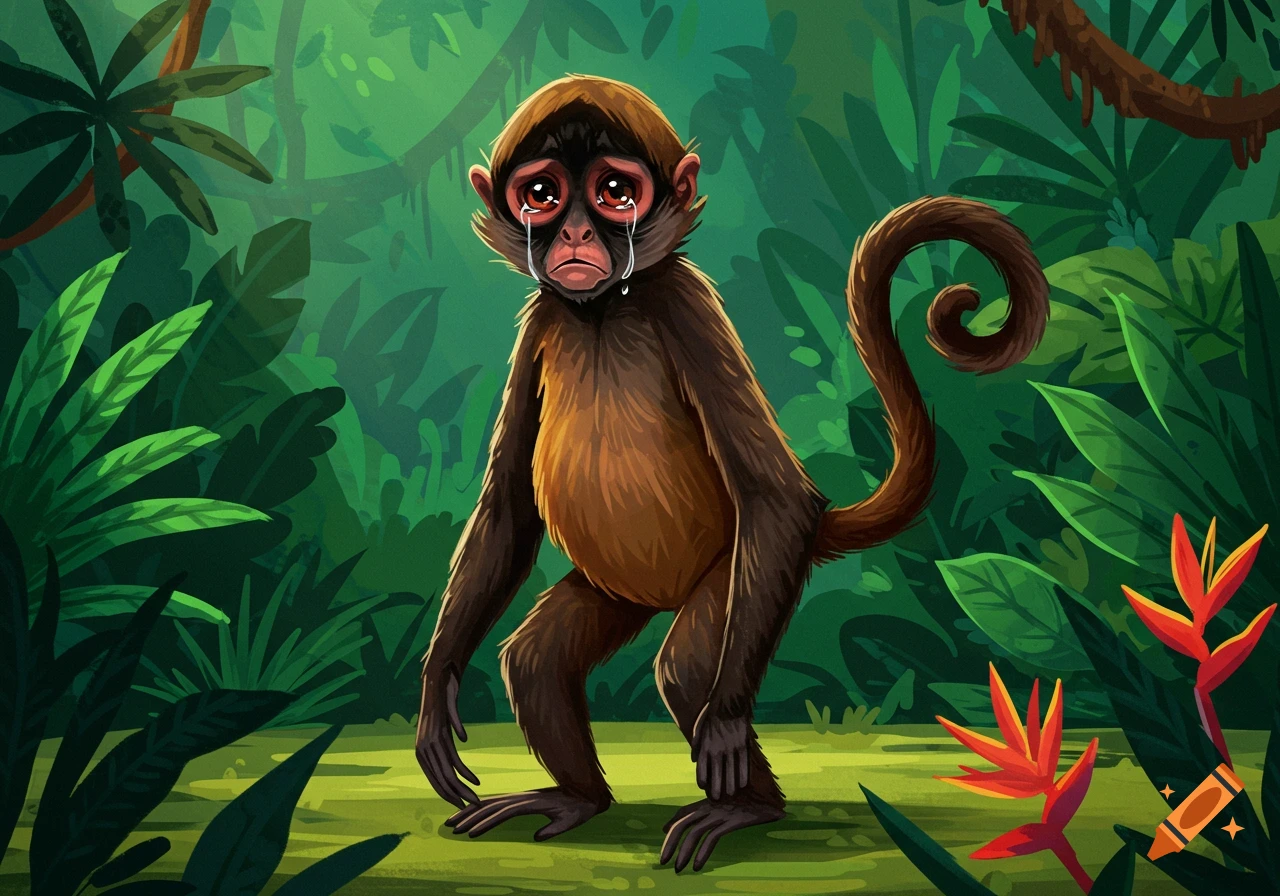 A crying spider monkey stands on two feet in a vibrant green jungle.