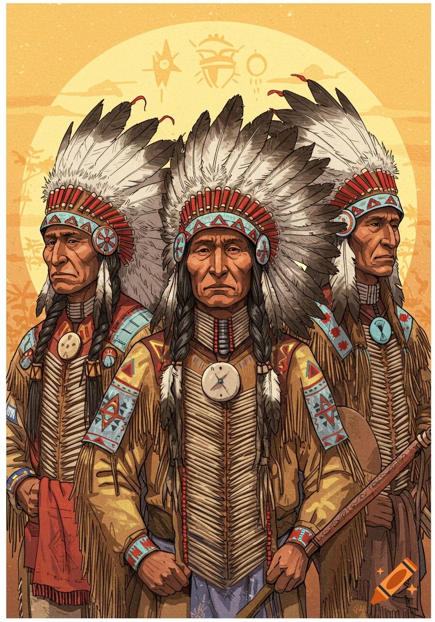 Illustration of three Native American chiefs in traditional feathered headdresses and clothing.