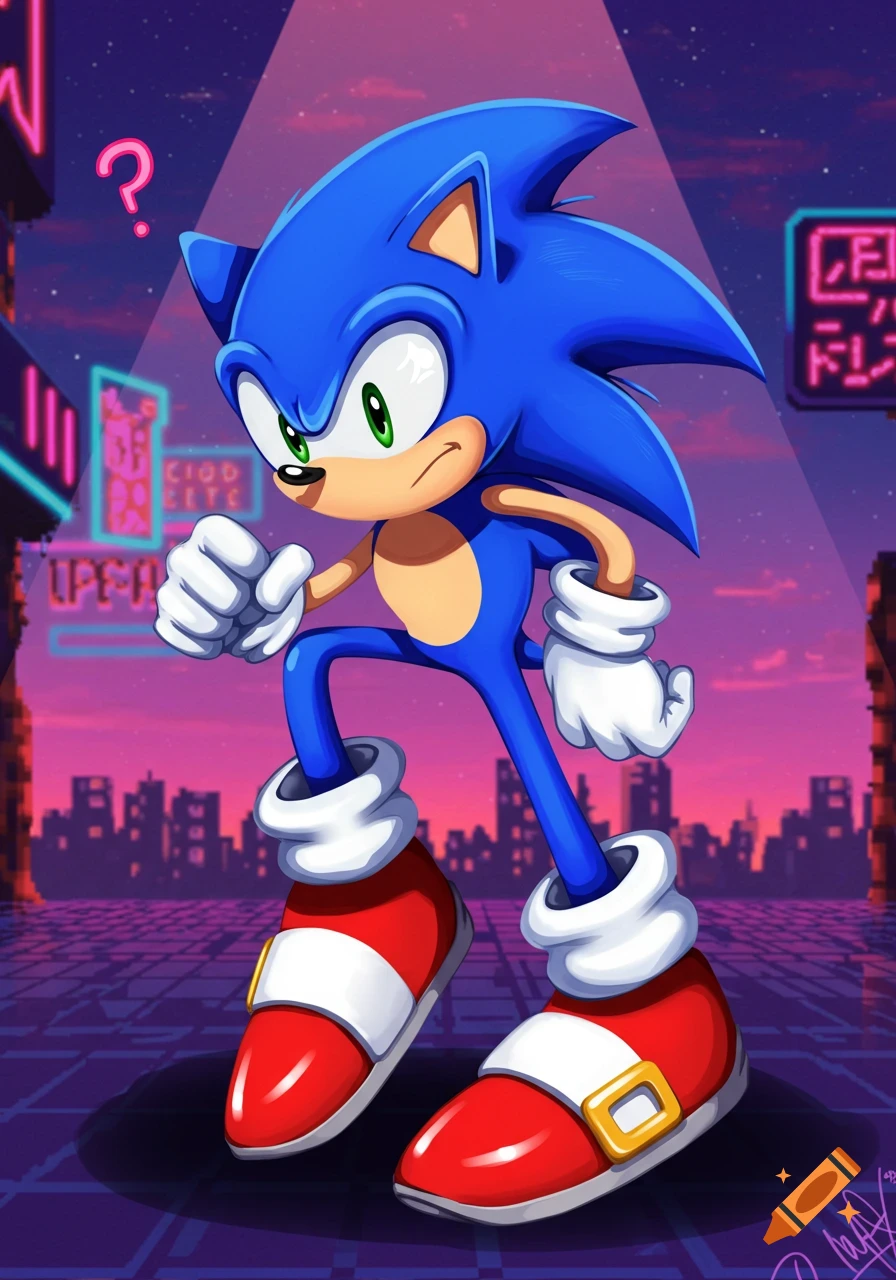 Sonic the Hedgehog standing in a futuristic city with neon signs