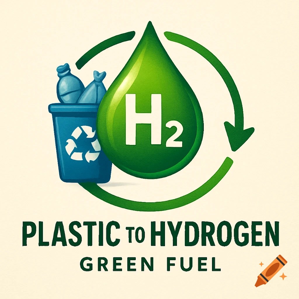 Logo for plastic to hydrogen fuel with recycling bin and hydrogen symbol