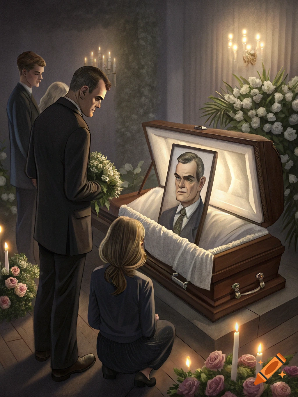 People mourn at a funeral with a portrait in an open casket. Illustration.