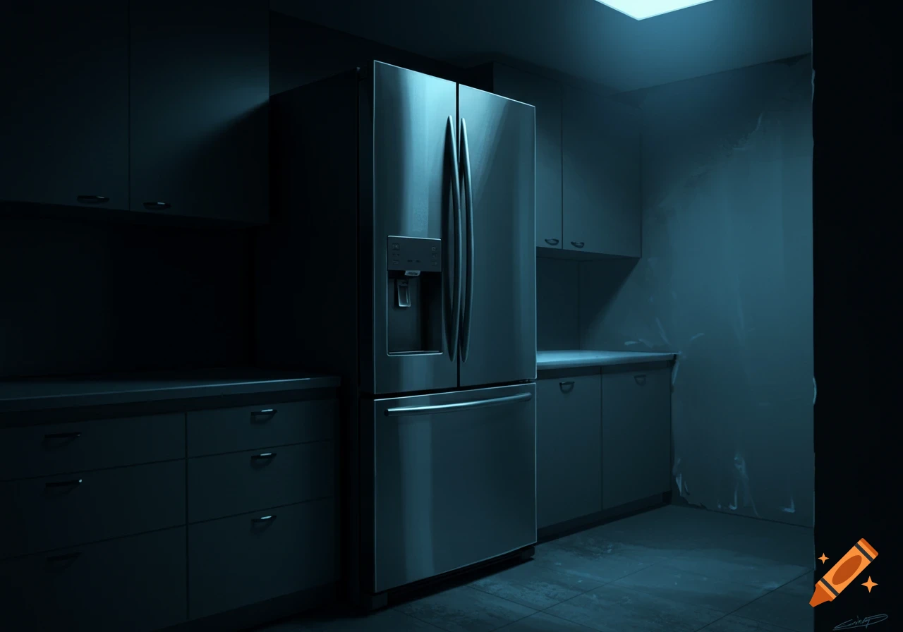 A stainless steel refrigerator in a dark, ominous modern kitchen.