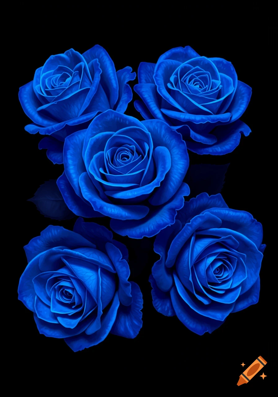 Five blue roses on a black background.