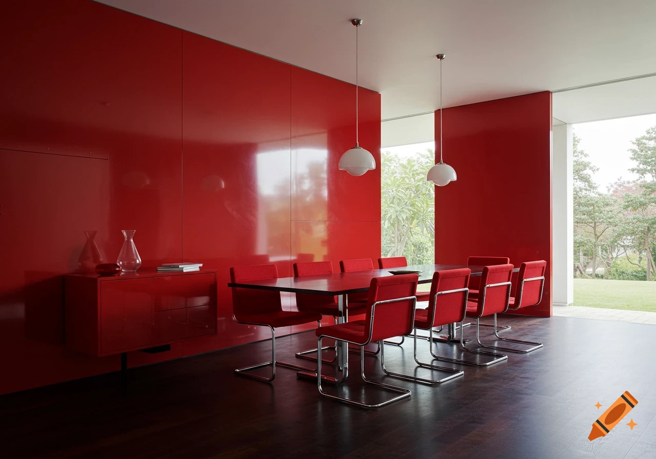 A modern dining room with a red wall, a large table, and several red chairs.