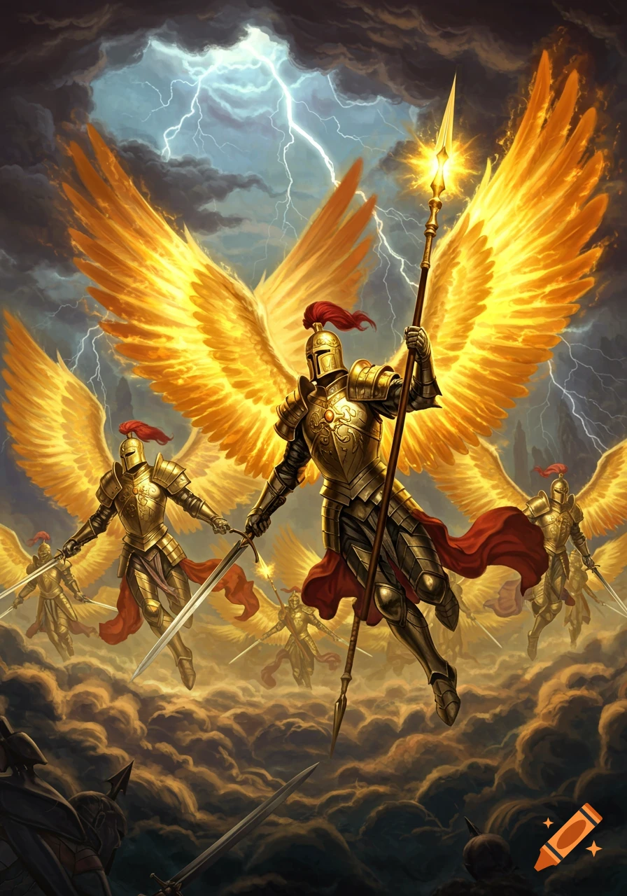 Warrior angels in golden armor fly through a stormy sky with lightning ...