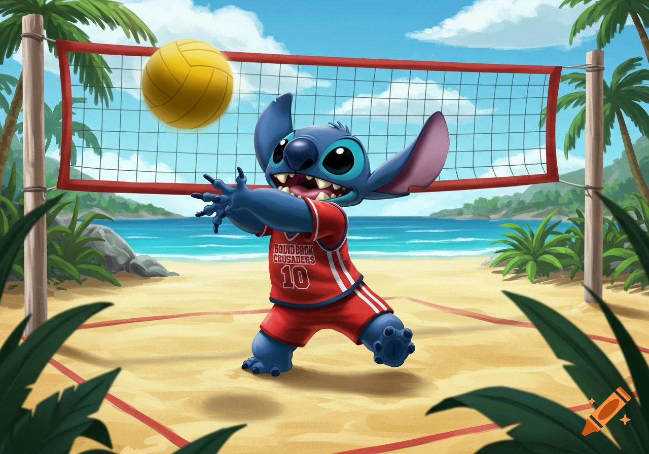 Stitch playing volleyball on a beach